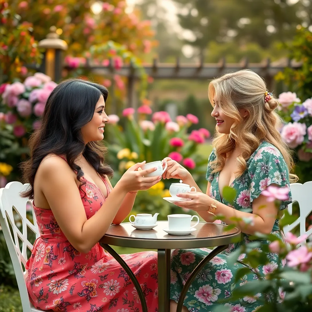 Photo of two beautiful lady having a tea party in a lush garden