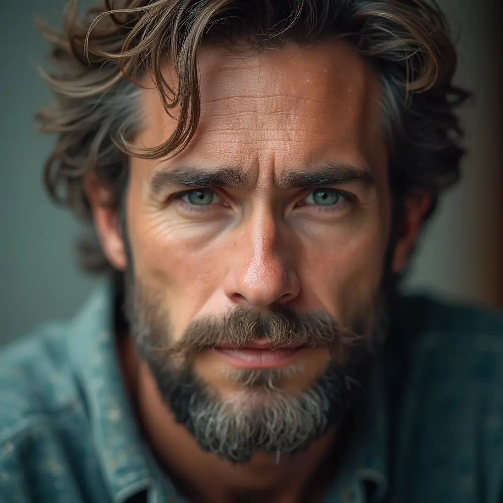 portrait of a rugged middle-aged man, sharp blue eyes, wavy messy hair, thick beard with touches of gray, wearing casual shirt, cinematic natural lighting, ultra realistic, detailed skin texture, intense gaze.
