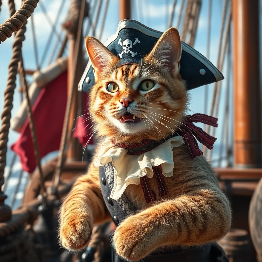 Realistic photo of a cat as a pirate, everyday photo on a ship, complex chaotic scene with many details