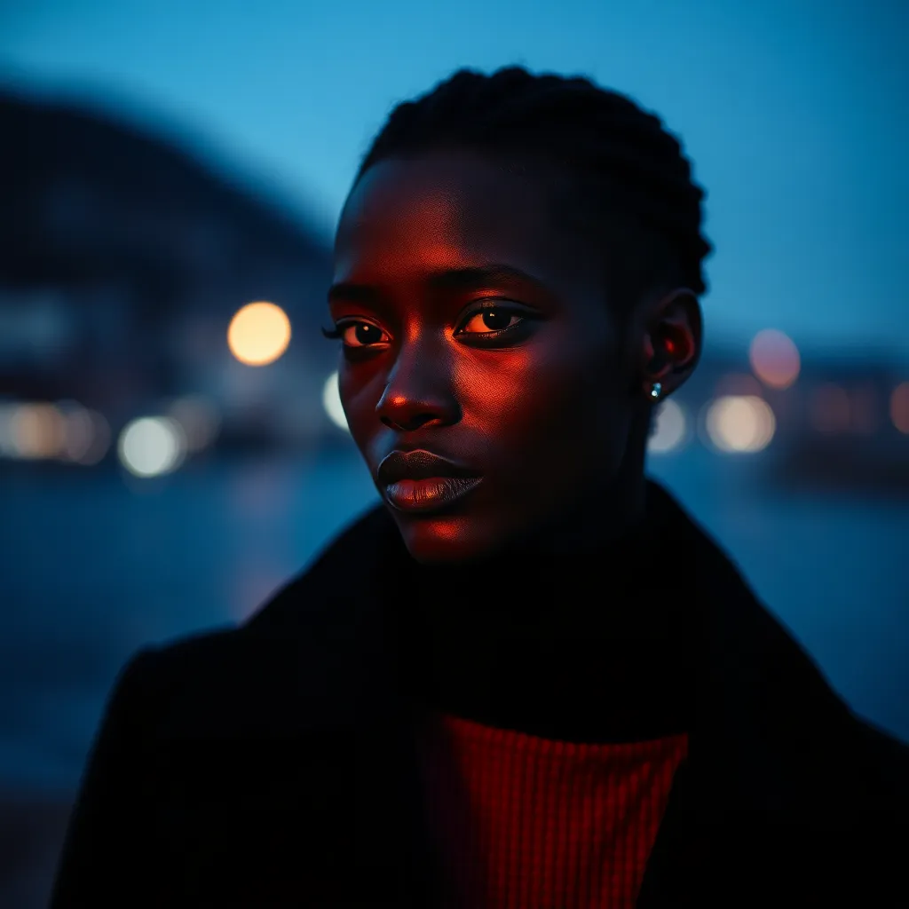 Blue hour, Scandinavia. Fashion portrait of a dark skinned model. Lit with a red key light and a visible backlight