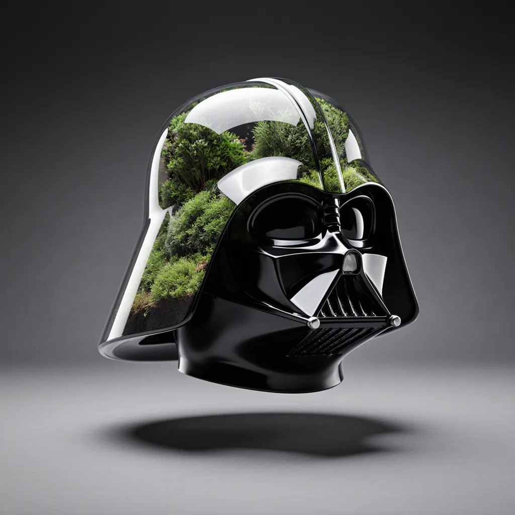 A fully 4k completely transparent clean glass detailed Star Wars Darth Vader helmet as lush terrarium.