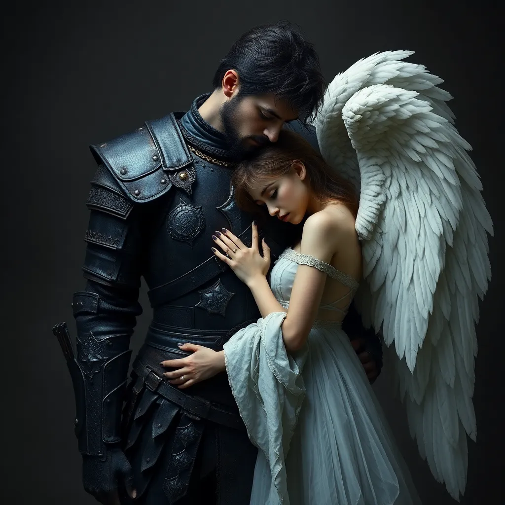 A deeply emotional, dark fantasy portrait of a tall warrior in dark, weathered plate armor and a delicate angel with large, white feathered wings. They stand in a somber and intimate embrace, with the angel resting her head against the warrior's chest, and the warrior bowing his head over hers. The style is hyperrealistic and melancholic, sorrow, or farewell.