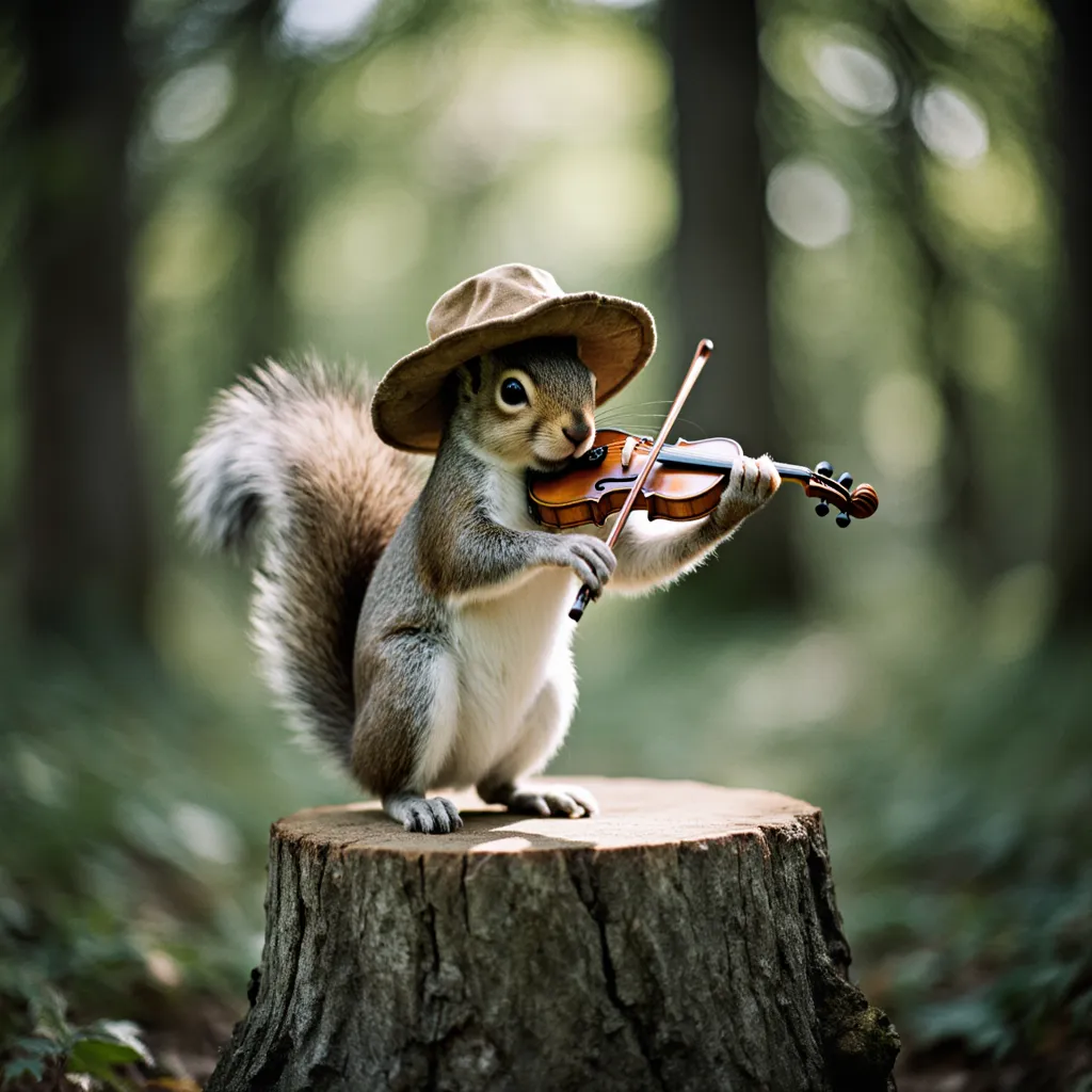35mm photo of a whimsical squirrel playing a violin, wearing a tiny worn vintage hat, standing on a large wide stump in a lush forest
